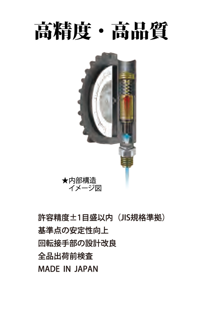 高精度 •高品質
事
大内部構造
イメージ図
許容精度士1目盛以内(JIS規格準拠)
基準点の安定性向上
回転接手部の設計改良
全品出荷前檢查
MADE IN JAPAN